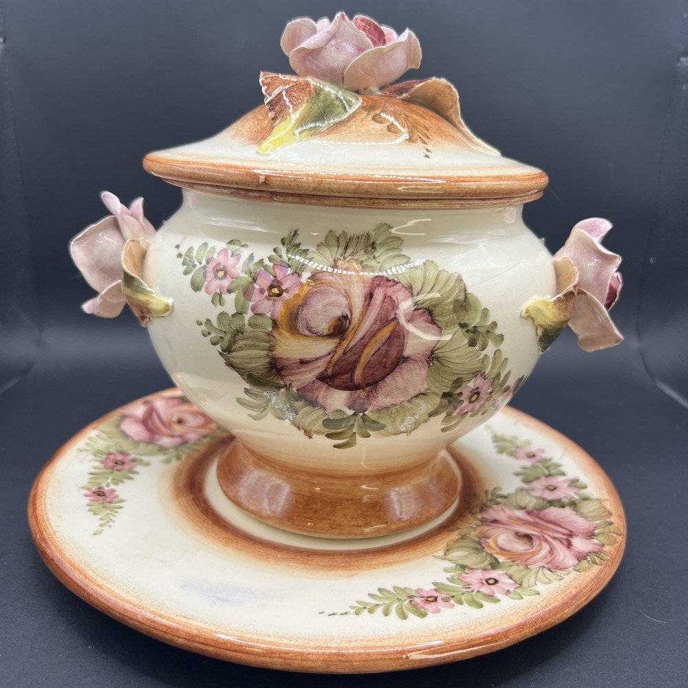 Vtg Tiziano Italian Capodimonte Soup Tureen Lid Underplate Hand Painted Roses